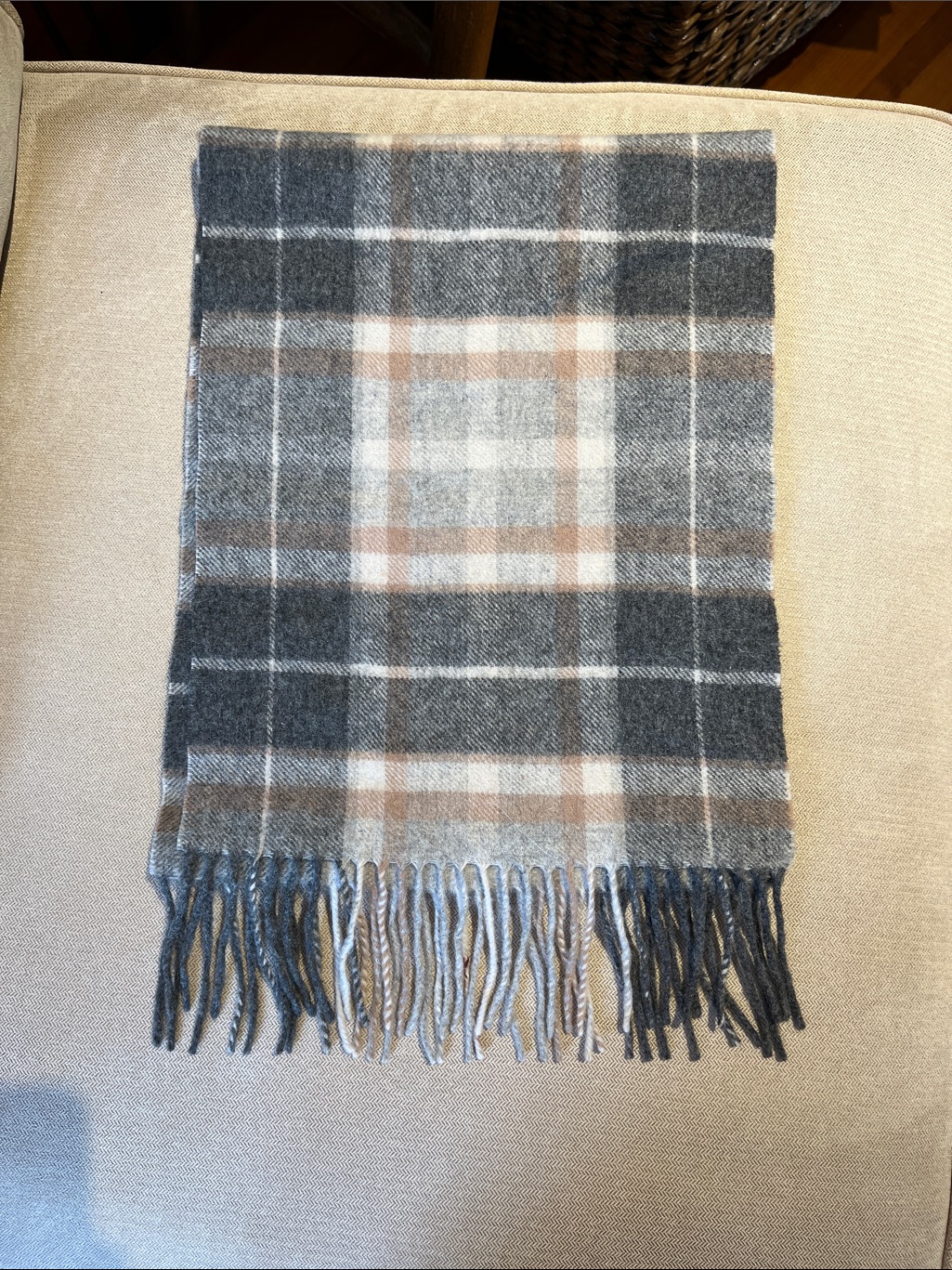 Joseph  Feiss Gray And Tan Plaid Fringe Scarf